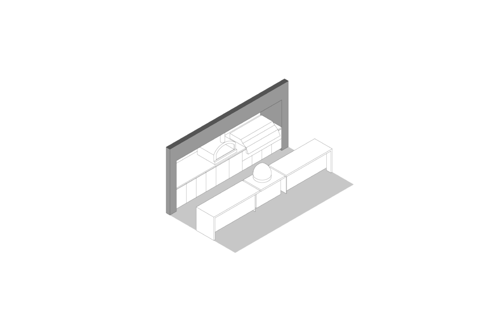 Axonometric view of wood and stone outdoor kitchen surrounded by greenery, designed by Vitelier at Club de Golf Avándaro, State of Mexico.