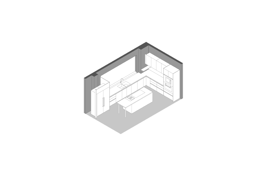 Axonometric view of modern L-shaped kitchen with central island designed by Vitelier at Torres Vallescondido, State of Mexico.