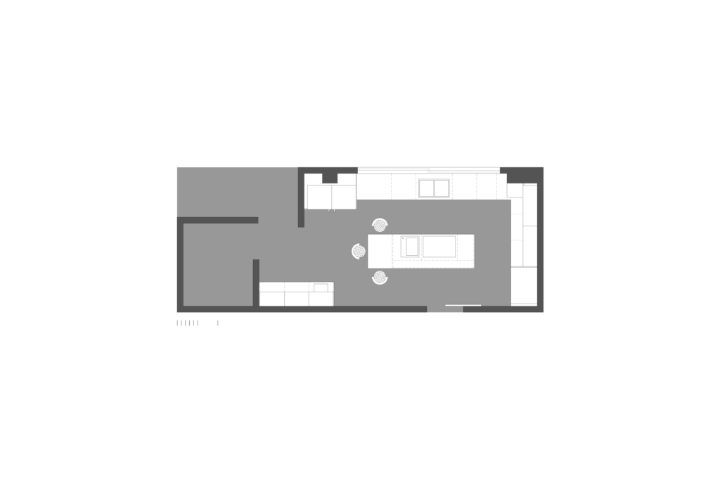 Floor plan of modern L-shaped kitchen with central island designed by Vitelier at Torres Vallescondido, State of Mexico.