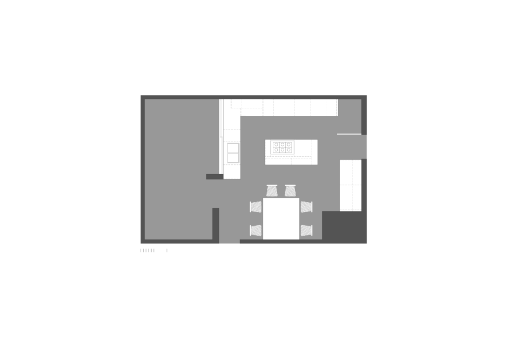 Floor plan of wooden modular kitchen with central island designed by Vitelier in Coyoacán, Mexico City.