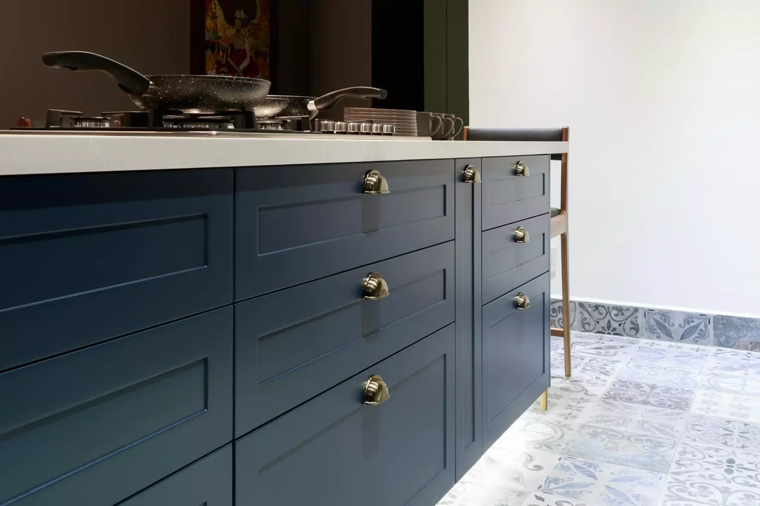 Classic-style navy blue lacquered kitchen designed by Vitelier at La Isla in Colonia Santa Fe, Mexico City.