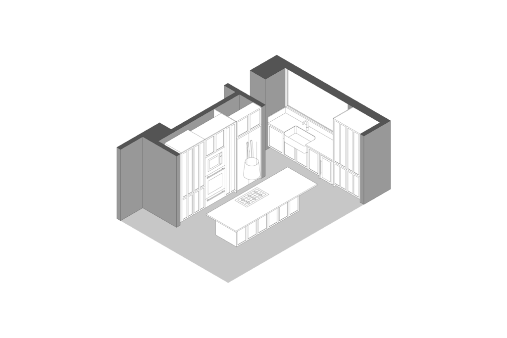 Axonometric view of classic-style navy blue lacquered kitchen designed by Vitelier at La Isla in Colonia Santa Fe, Mexico City.