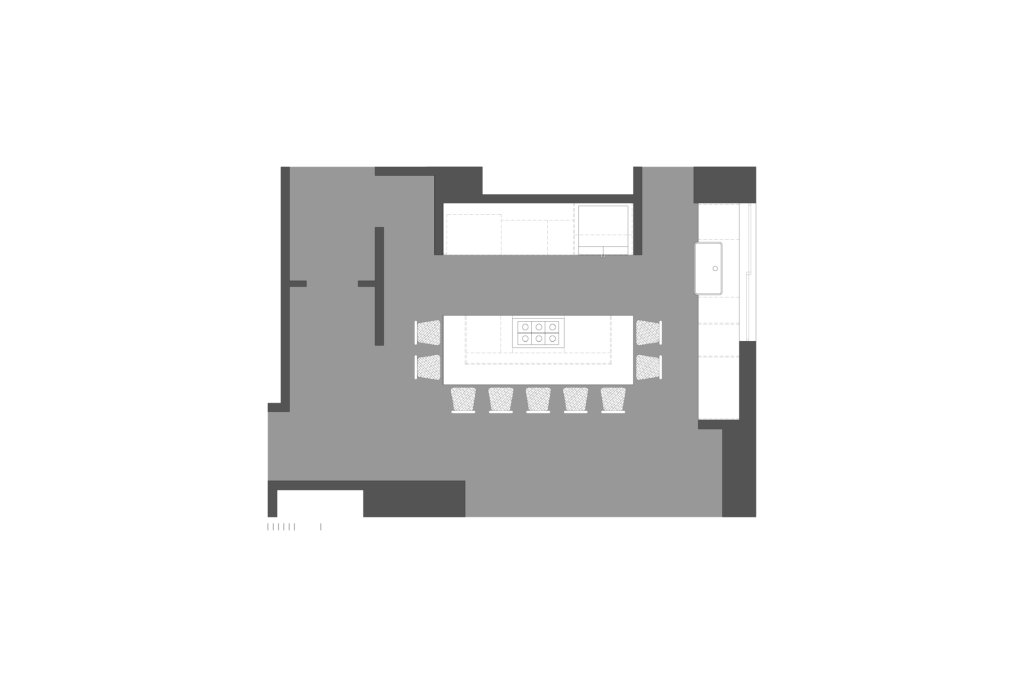 Floor plan of classic-style navy blue lacquered kitchen designed by Vitelier at La Isla in Colonia Santa Fe, Mexico City.