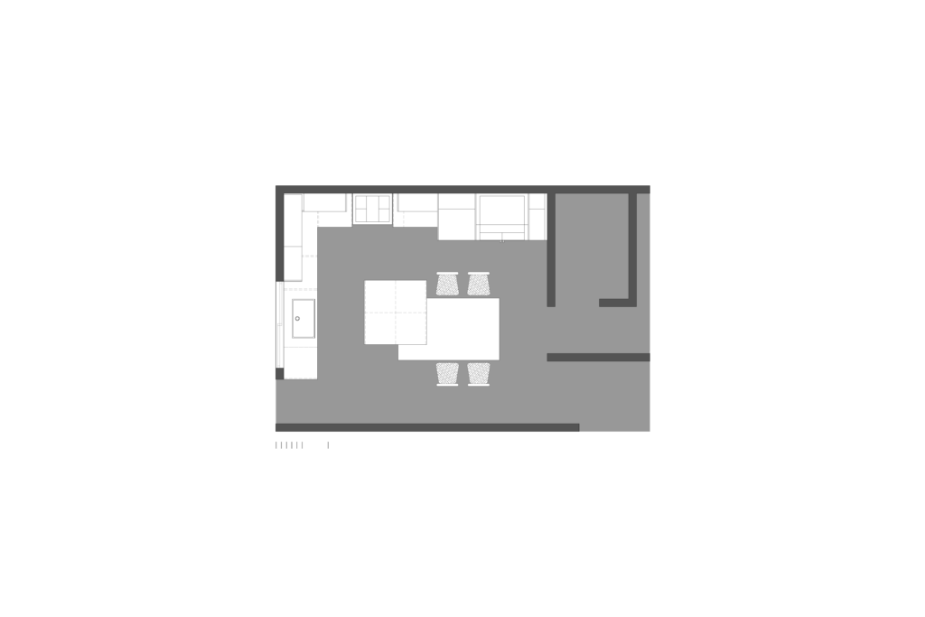 Floor plan of gray modular kitchen with central island in Colonia Bosque de los Remedios, Naucalpan de Juárez, State of Mexico.
