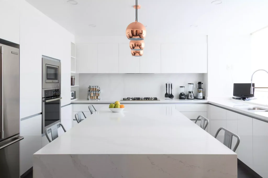 Minimalist modern kitchen with central island designed by Vitelier at G11, Colonia Bosques de las Lomas, Mexico City.
