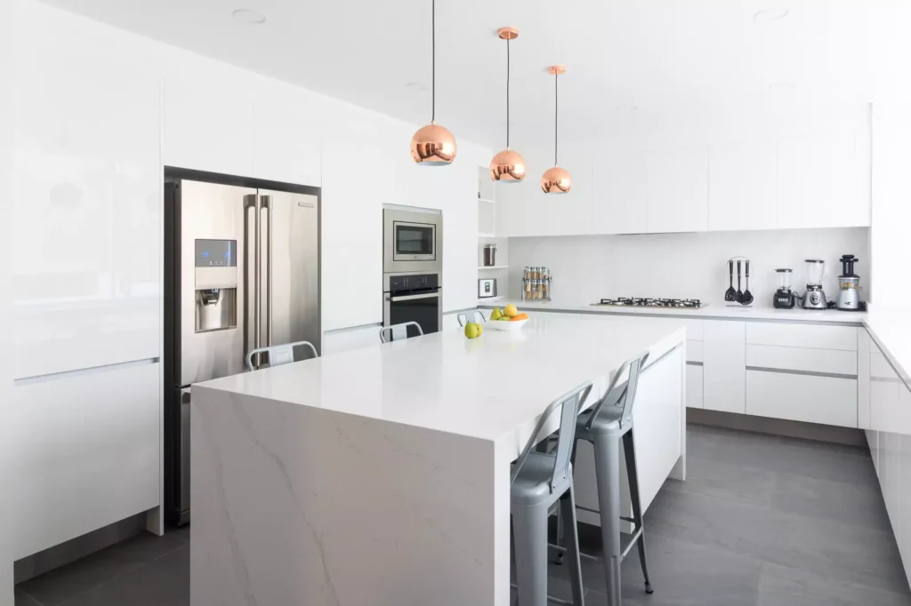 Minimalist modern kitchen with central island designed by Vitelier at G11, Colonia Bosques de las Lomas, Mexico City.