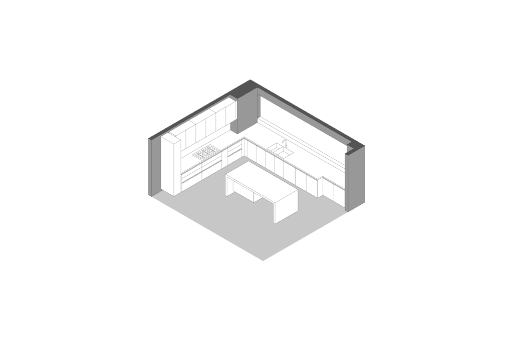 Axonometric view of minimalist modern kitchen with central island designed by Vitelier at G11 in Colonia Bosques de las Lomas, Mexico City.