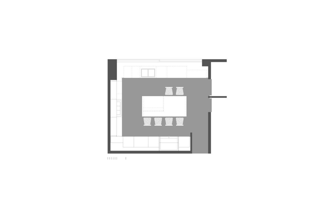 Floor plan of minimalist modern kitchen with central island designed by Vitelier at G11 in Colonia Bosques de las Lomas, Mexico City.
