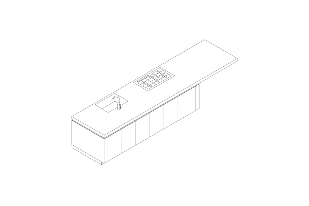Axonometric view of custom kitchen designed by Vitelier in collaboration with Cosentino for Obra Blanca 2019