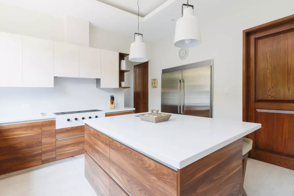 Modern kitchen with central island designed by Vitelier at Santa Anita, Colonia Lomas Hipódromo, Mexico City.