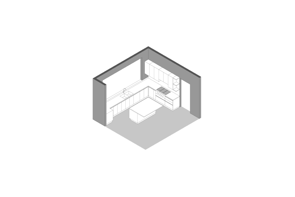 Axonometric view of modern kitchen with central island designed by Vitelier at Santa Anita in Colonia Lomas Hipódromo, Mexico City.