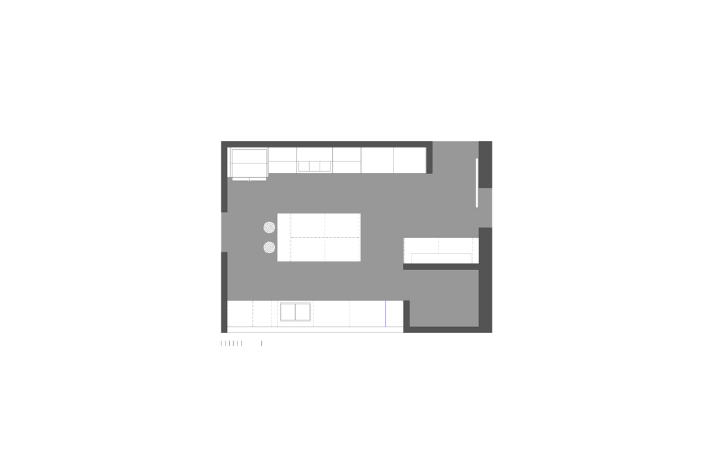 Floor plan of industrial-style wooden kitchen with granite central island designed by Vitelier in Avándaro, State of Mexico