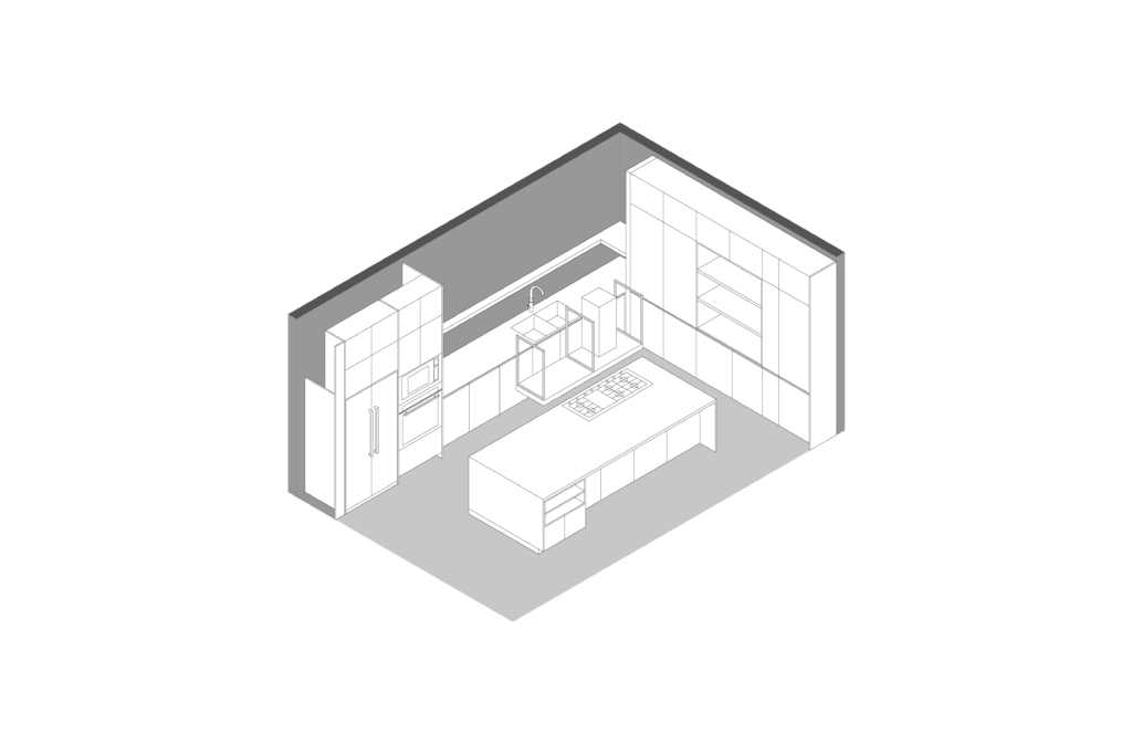 Axonometric view of wooden kitchen with island and stainless steel range hood, designed by Vitelier at Casa Tortuga in Valle de Bravo.