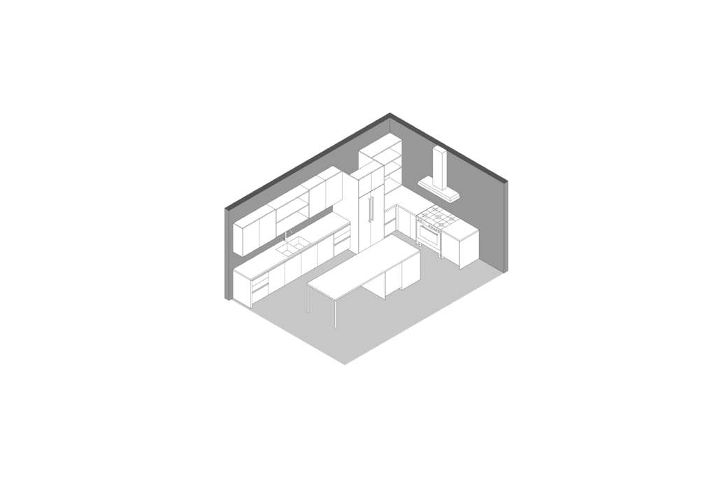 Axonometric view of modern kitchen with wood veneer and central island, designed by Vitelier at Granados in Colonia Bosques de las Lomas, Mexico City.