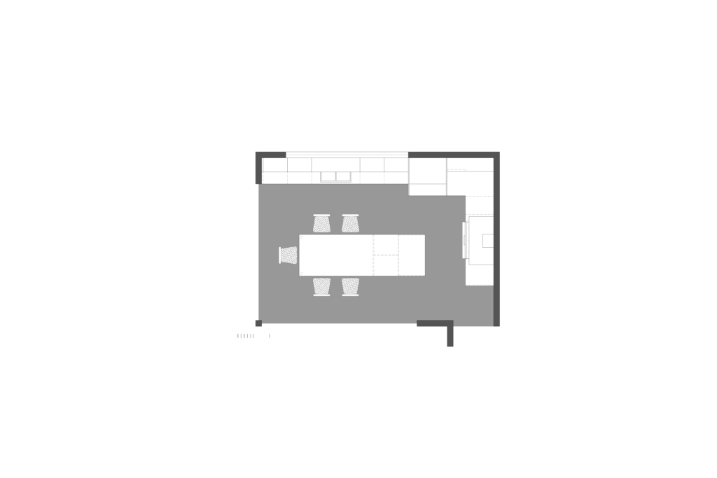 Floor plan of modern kitchen with wood veneer and central island, designed by Vitelier at Granados in Colonia Bosques de las Lomas, Mexico City.