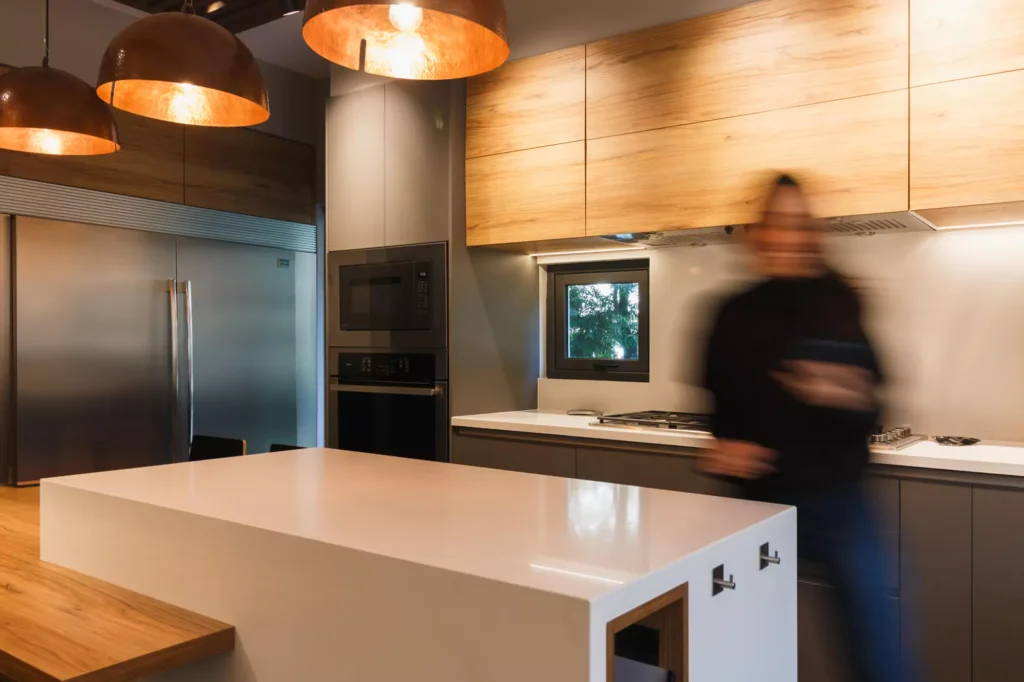 Modern wooden kitchen designed by Vitelier at Las Villas in Colonia Lomas de Chapultepec, Mexico City.