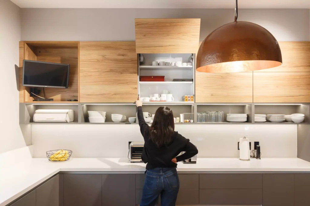 Modern L-shaped wooden kitchen designed by Vitelier at Las Villas, Colonia Lomas de Chapultepec, Mexico City.