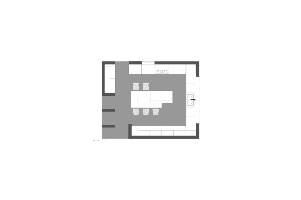 Floor plan of modern wooden kitchen designed by Vitelier at Las Villas in Colonia Lomas de Chapultepec, Mexico City.