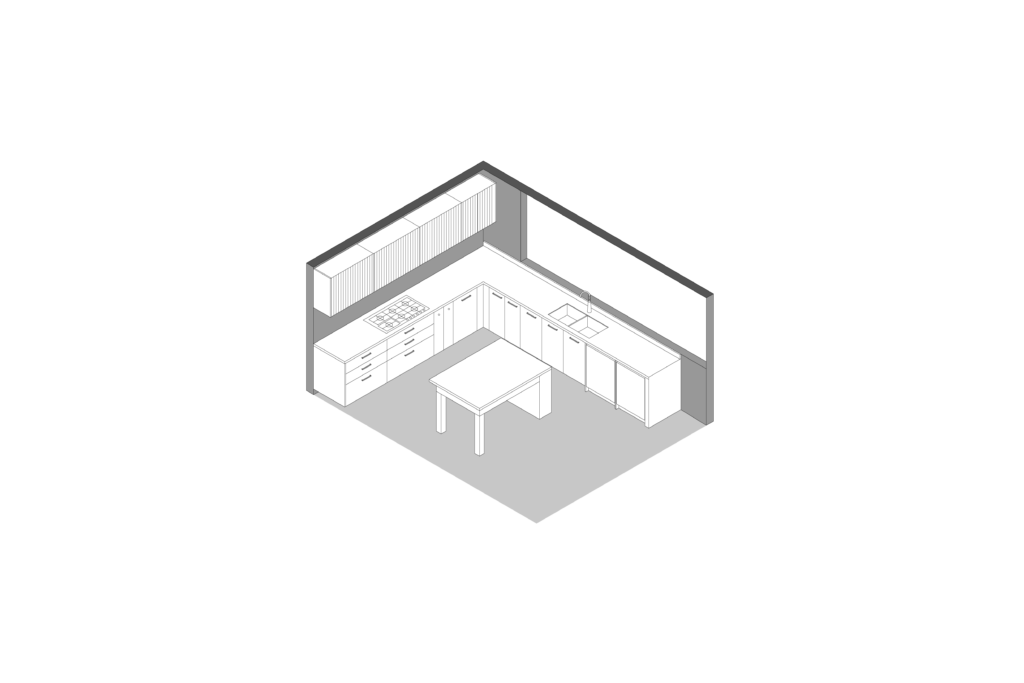 Axonometric view of sage green lacquered kitchen designed by Vitelier at Versalles in Lomas de Reforma, Mexico City.