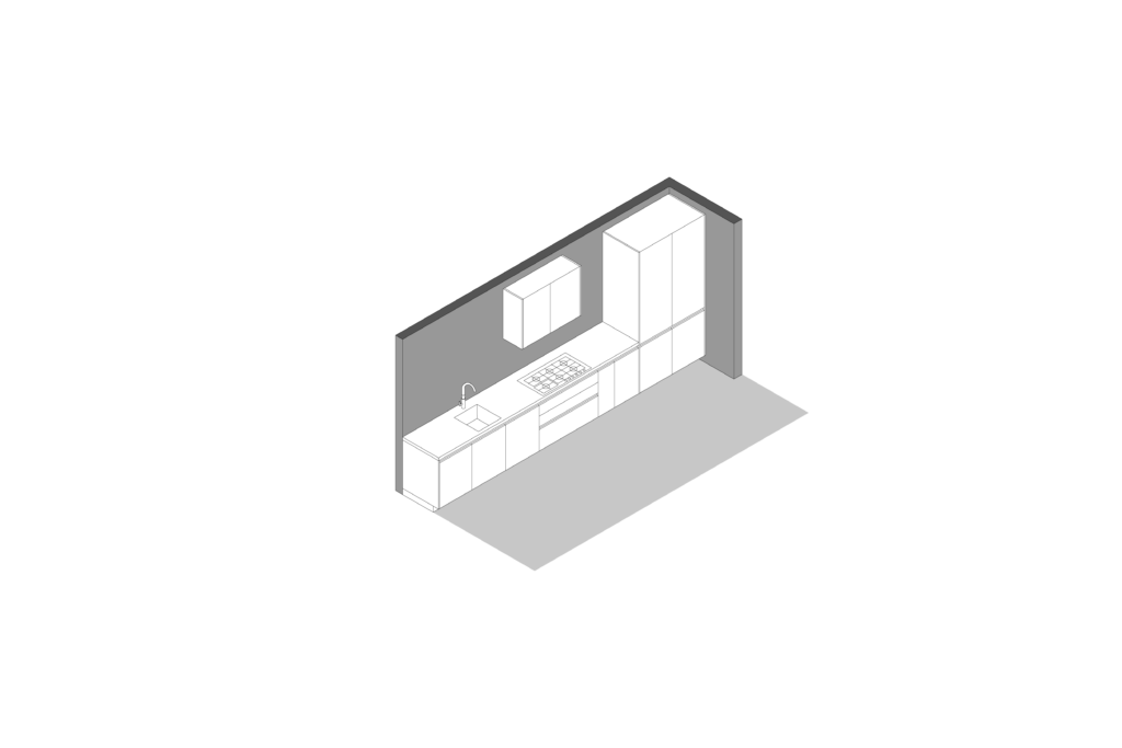 Axonometric view of custom navy blue kitchen designed by Vitelier at Edificio Josefa in Colonia Juárez, Mexico City.