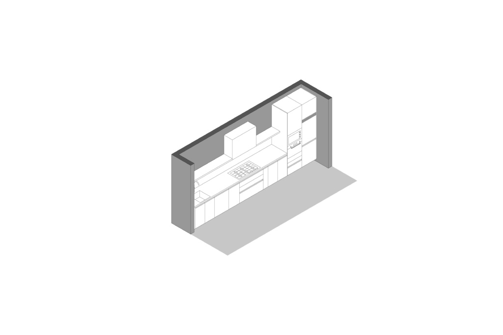 Axonometric view of custom cashmere kitchen designed by Vitelier at Edificio Josefa in Colonia Juárez, Mexico City.