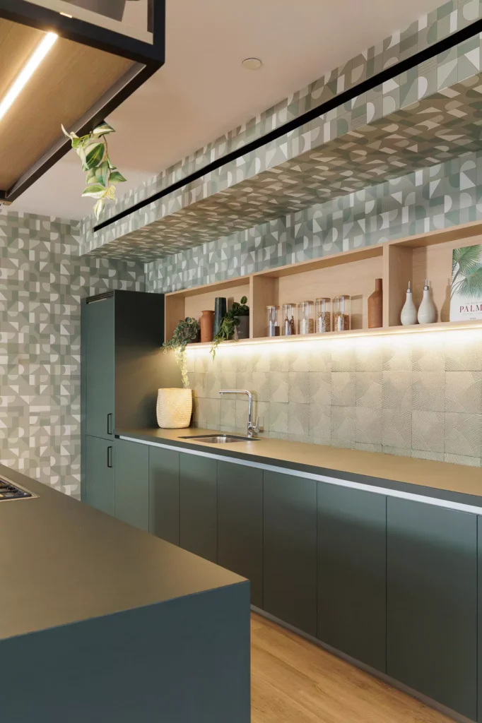 Custom olive green kitchen designed by Vitelier at Edificio Josefa in Colonia Juárez, Mexico City.