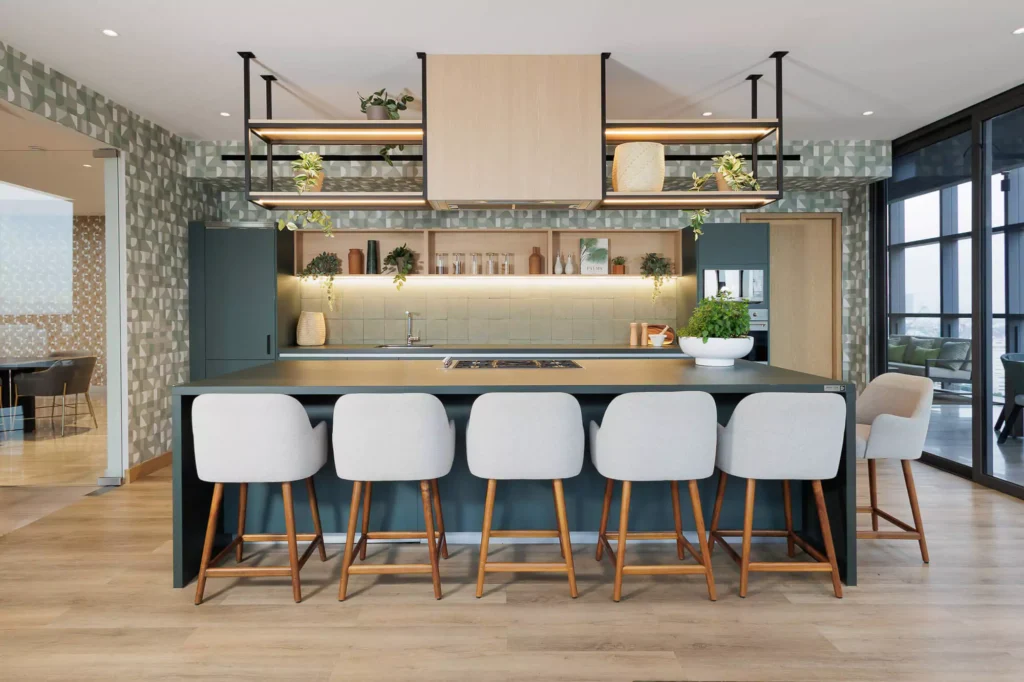 Custom olive green kitchen designed by Vitelier at Edificio Josefa in Colonia Juárez, Mexico City.