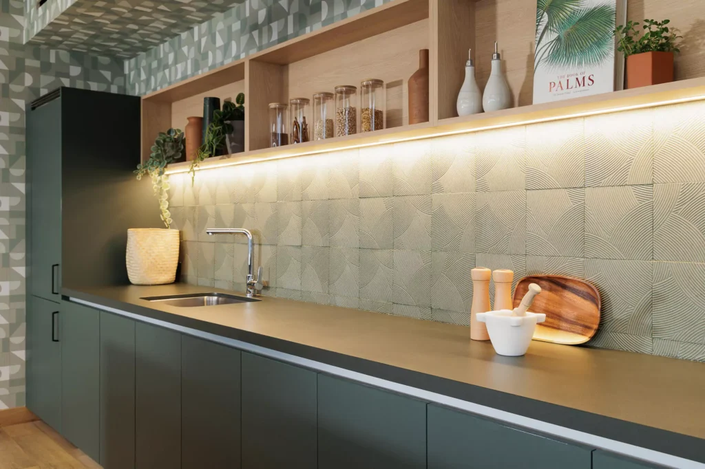 Custom olive green kitchen designed by Vitelier at Edificio Josefa in Colonia Juárez, Mexico City.