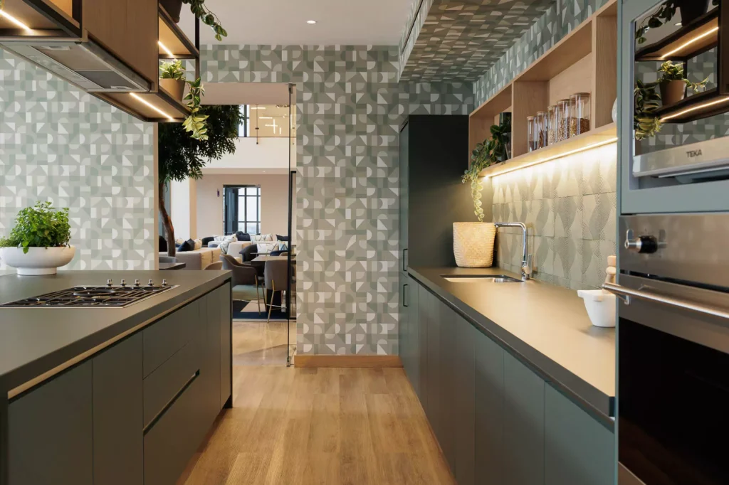 Custom olive green kitchen designed by Vitelier at Edificio Josefa in Colonia Juárez, Mexico City.