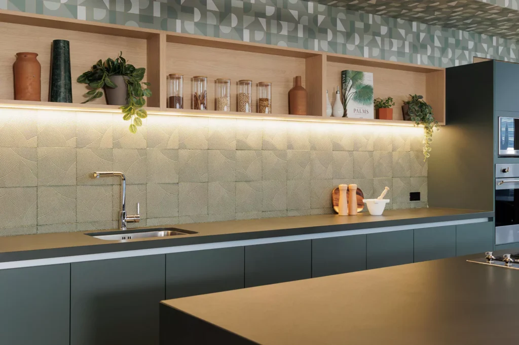 Custom olive green kitchen designed by Vitelier at Edificio Josefa in Colonia Juárez, Mexico City.