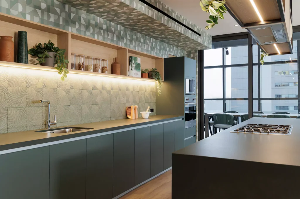Custom olive green kitchen designed by Vitelier at Edificio Josefa in Colonia Juárez, Mexico City.