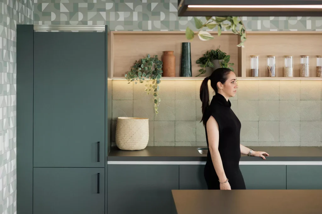 Custom olive green kitchen designed by Vitelier at Edificio Josefa in Colonia Juárez, Mexico City.