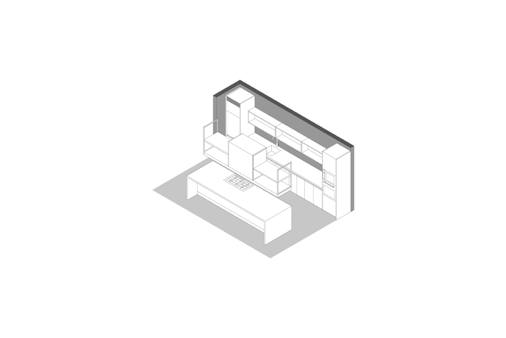 Axonometric view of custom linear olive green kitchen designed by Vitelier at Edificio Josefa in Colonia Juárez, Mexico City.