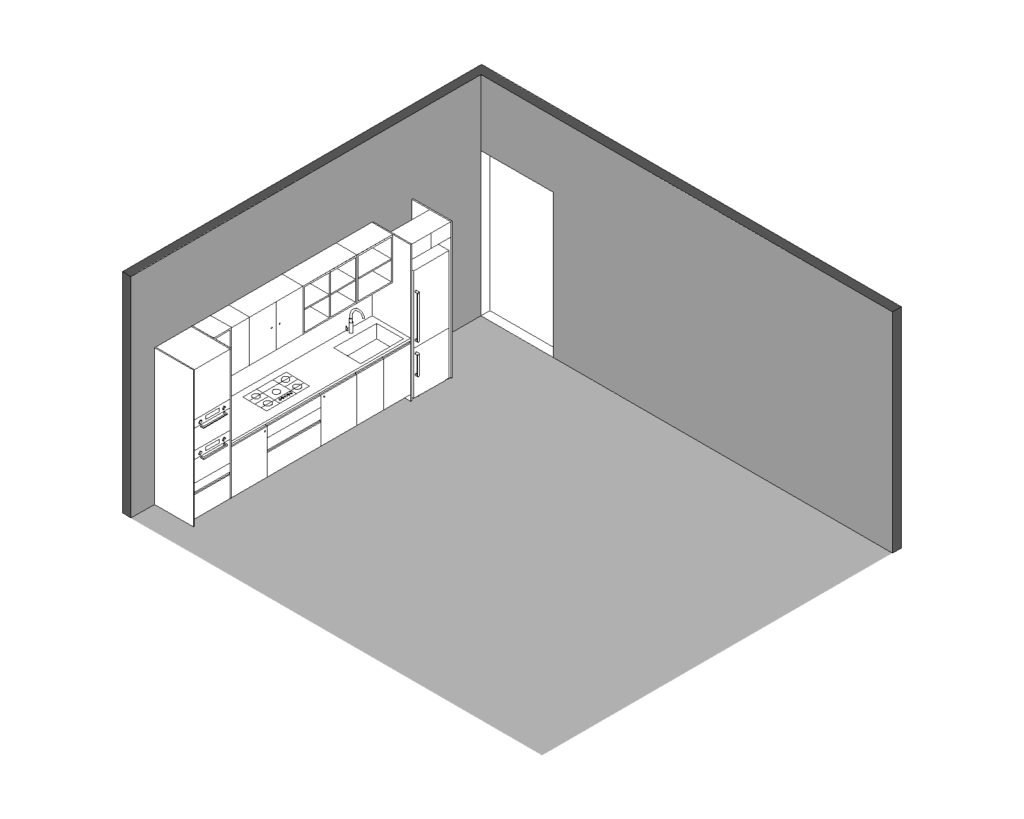 Axonometric view of custom blue kitchen at Edificio Amalia in Colonia Nápoles, Mexico City.