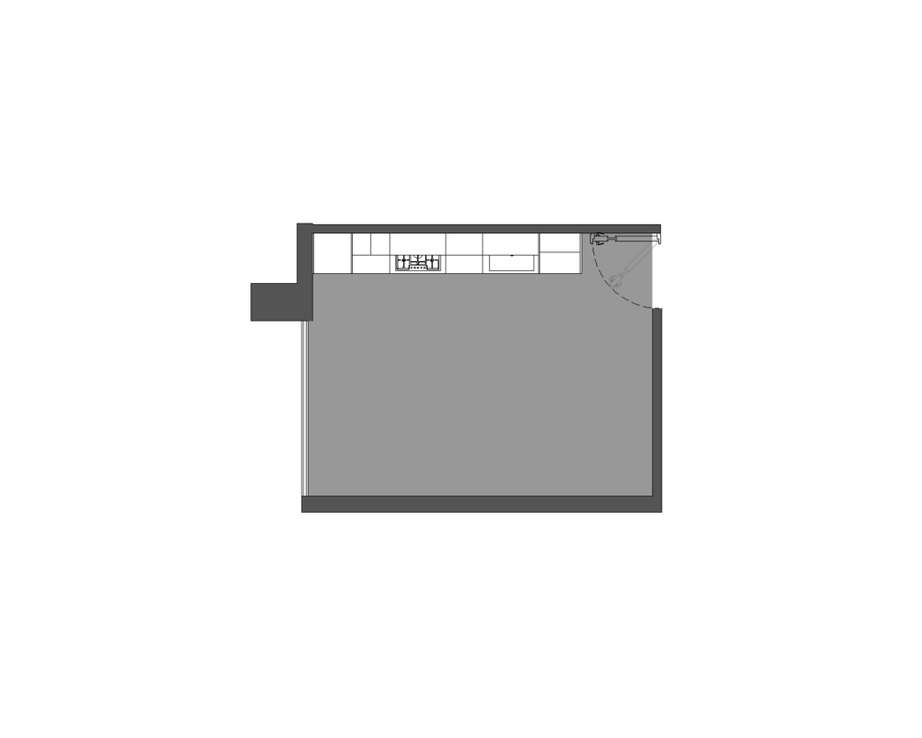 Floor plan of custom blue kitchen designed by Vitelier at Edificio Amalia in Colonia Nápoles, Mexico City.