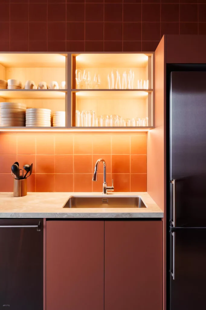 Custom red kitchen designed by Vitelier at Edificio Amalia in Colonia Nápoles, Mexico City.