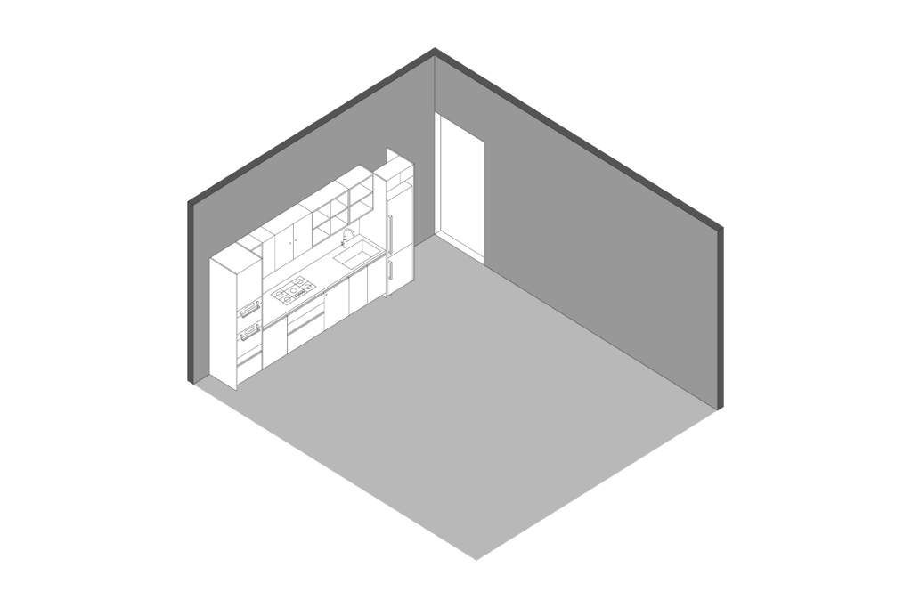 Axonometric view of custom red kitchen designed by Vitelier at Edificio Amalia in Colonia Nápoles, Mexico City.