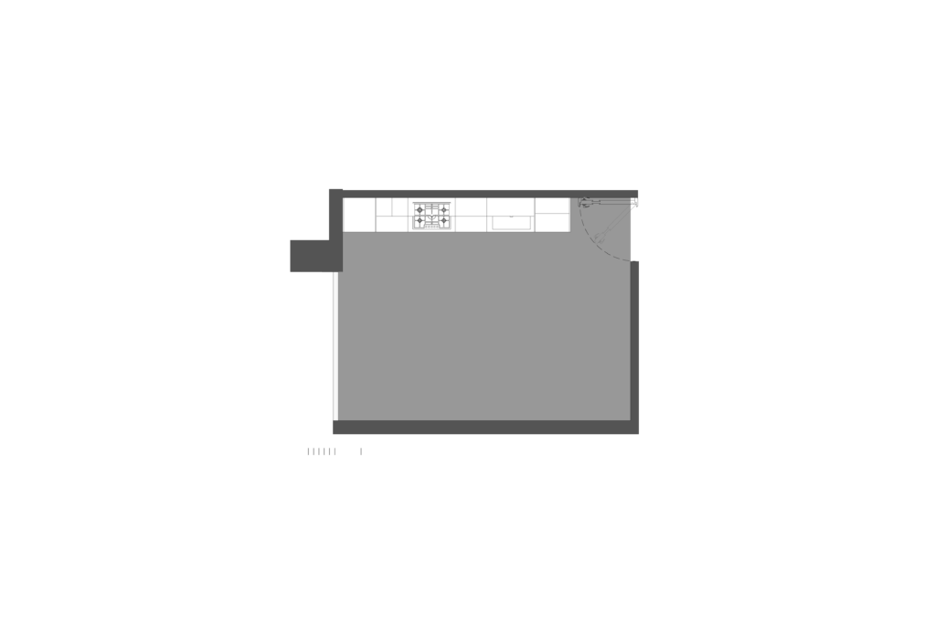 Floor plan of custom red kitchen designed by Vitelier at Edificio Amalia in Colonia Nápoles, Mexico City.