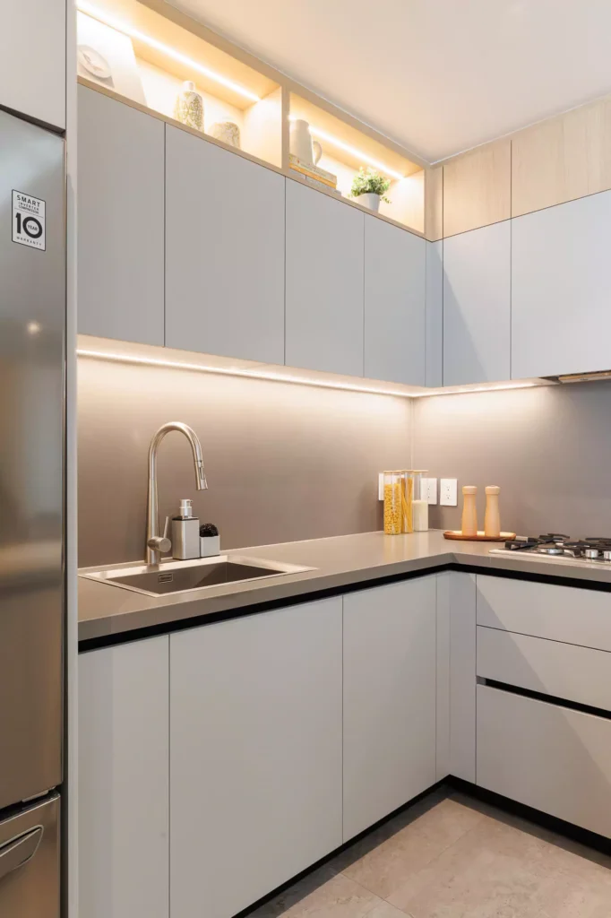 Small gray modular kitchen designed by Vitelier at Neuchatel in Colonia Polanco, Mexico City.