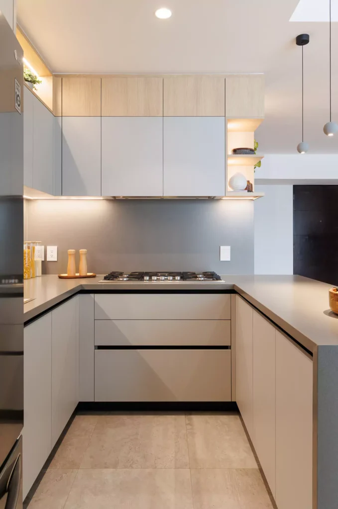 Small gray modular kitchen designed by Vitelier at Neuchatel in Colonia Polanco, Mexico City.