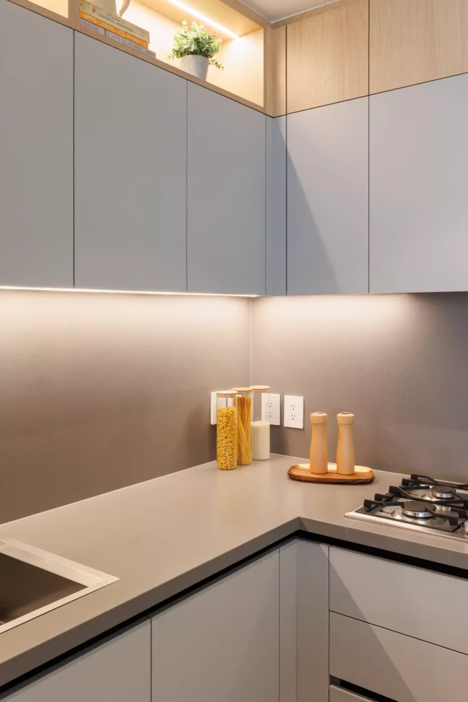 Handleless kitchen designed by Vitelier at Neuchatel in Colonia Polanco, Mexico City.