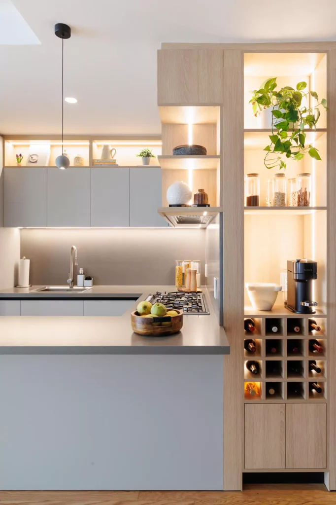 Gray modular kitchen with light wood designed by Vitelier at Neuchatel in Colonia Polanco, Mexico City.