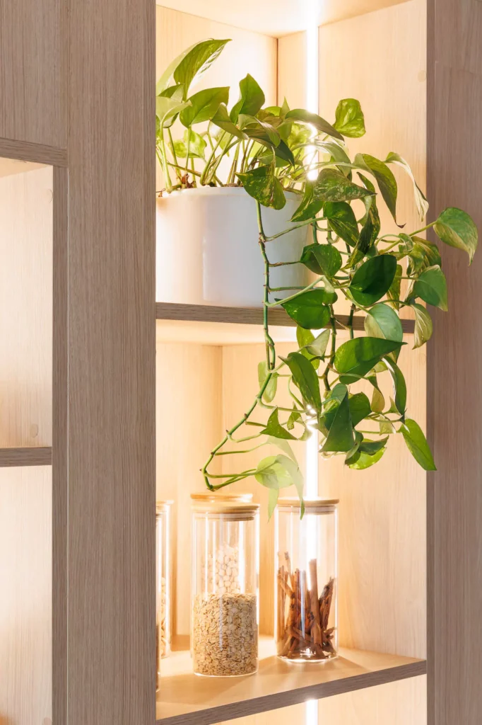 Wooden cabinet niches in modular kitchen designed by Vitelier at Neuchatel in Colonia Polanco, Mexico City.