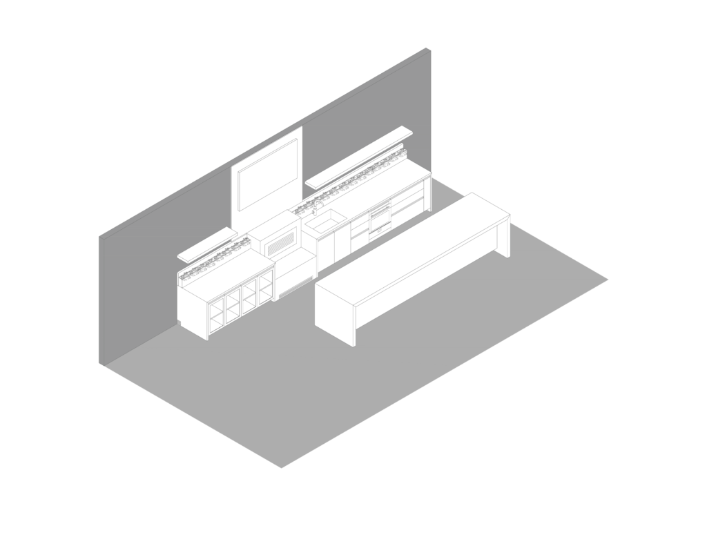 Axonometric view of outdoor kitchen designed by Vitelier at Flamencos 68 in Colonia San José Insurgentes, Mexico City