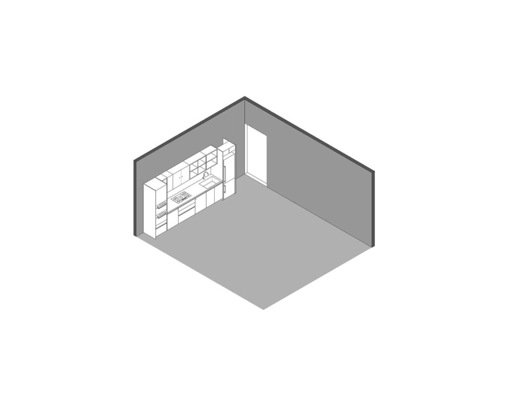 Axonométrico que muestra la distribución de una cocina en línea diseñada por Vitelier