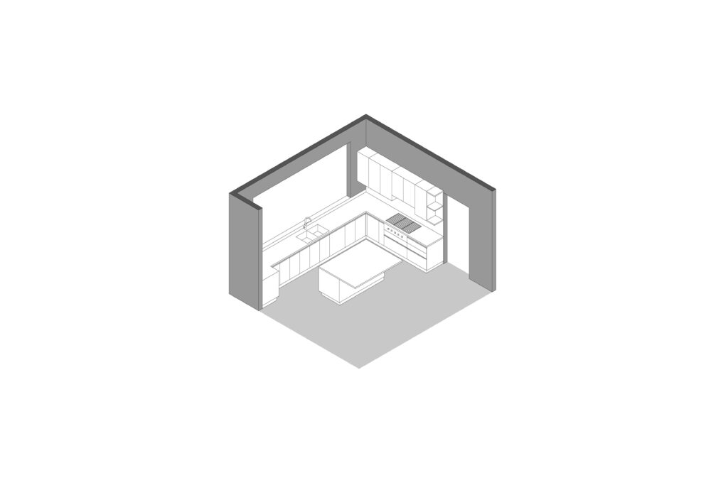 Plano que muestra la distribución de una cocina con isla diseñada por Vitelier