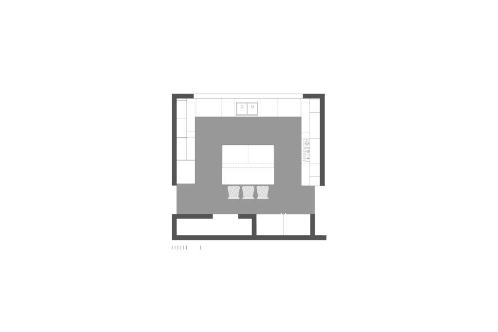 Plano que muestra la distribución de una cocina con isla diseñada por Vitelier