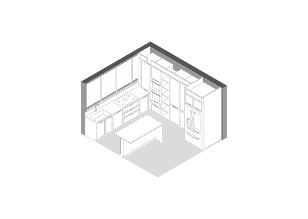 Axonométrico de cocina de madera con península diseñada por Vitelier en Coyoacán en la Ciudad de México