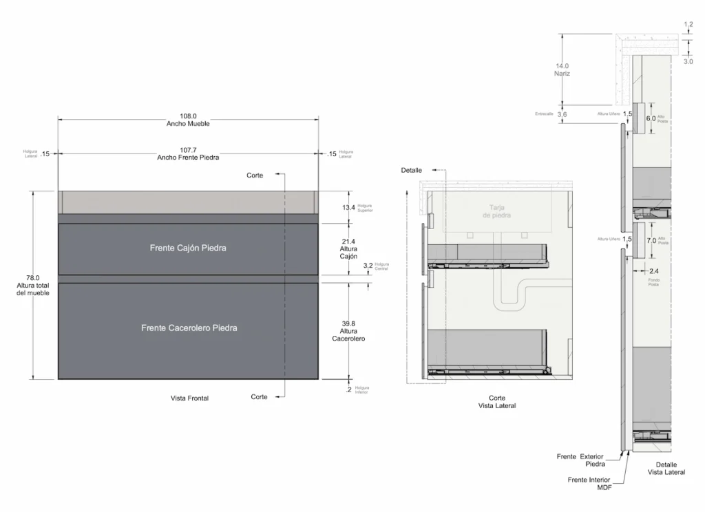 Plano técnico de diseño arquitectónico para mobiliario de cocina a medida con especificaciones de frentes en piedra y detalles de corte lateral.