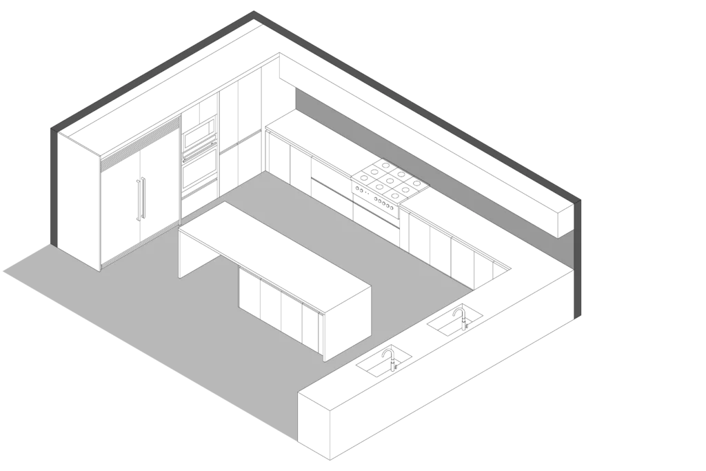 Axonometric wireframe of kitchen with island